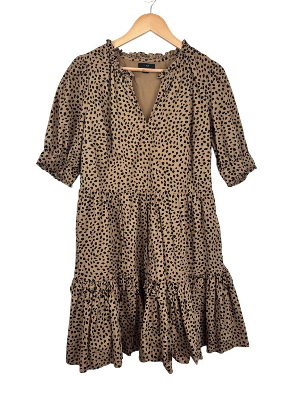 J. Crew Leopard Print Ruffle Tiered Popover Dress Pockets 100% Cotton Small